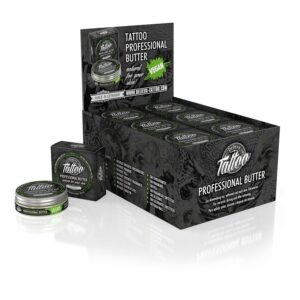 Believa Tattoo Butter en boîte de 35 ml, dans un emballage noir avec des détails verts, sur fond blanc