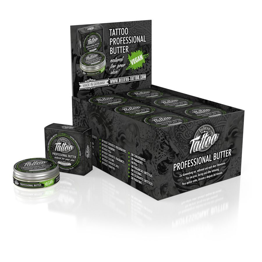 Believa Tattoo Butter 35 ml Box Believa Tattoo Butter en boîte de 35 ml, dans un emballage noir avec des détails verts, sur fond blanc