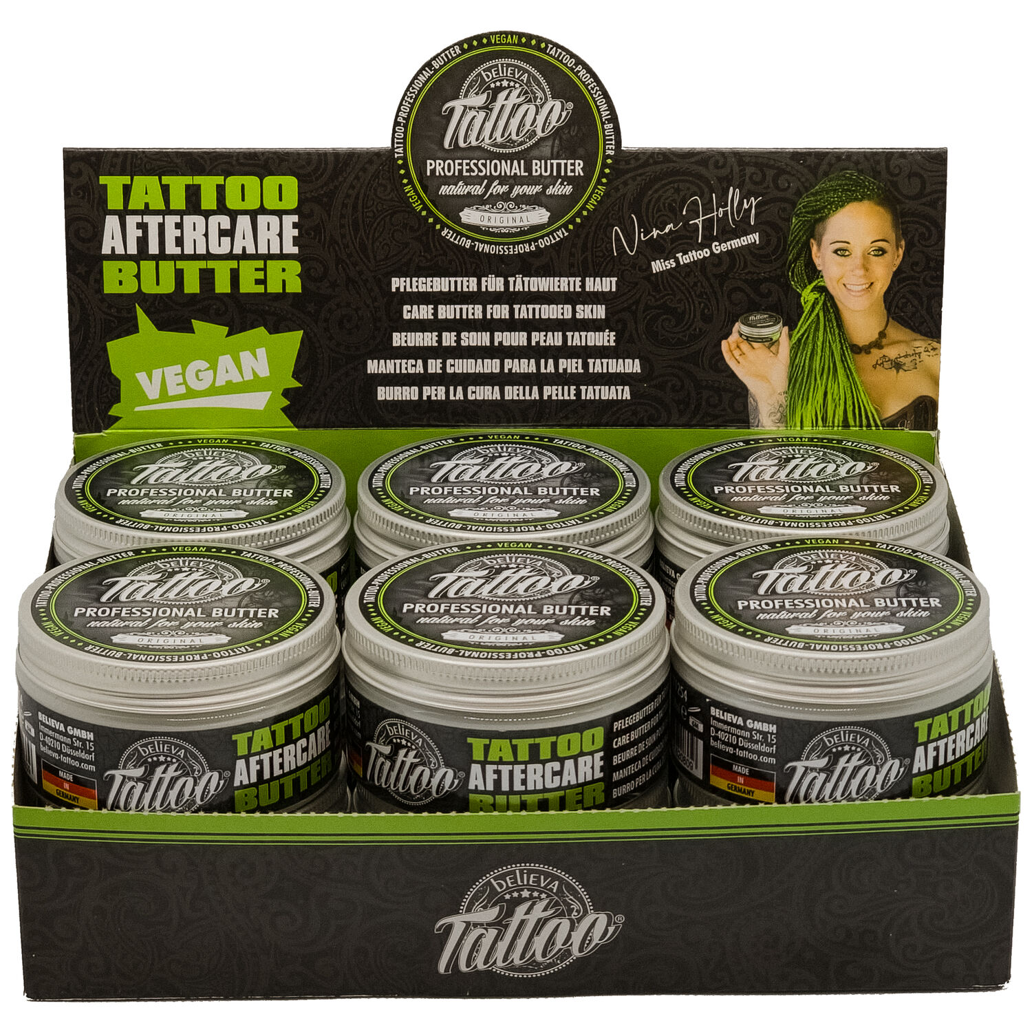 Believa Tattoo Butter 35 ml Boîte de présentation Boîtes de Believa Tattoo Butter dans une boîte de présentation verte sur fond blanc