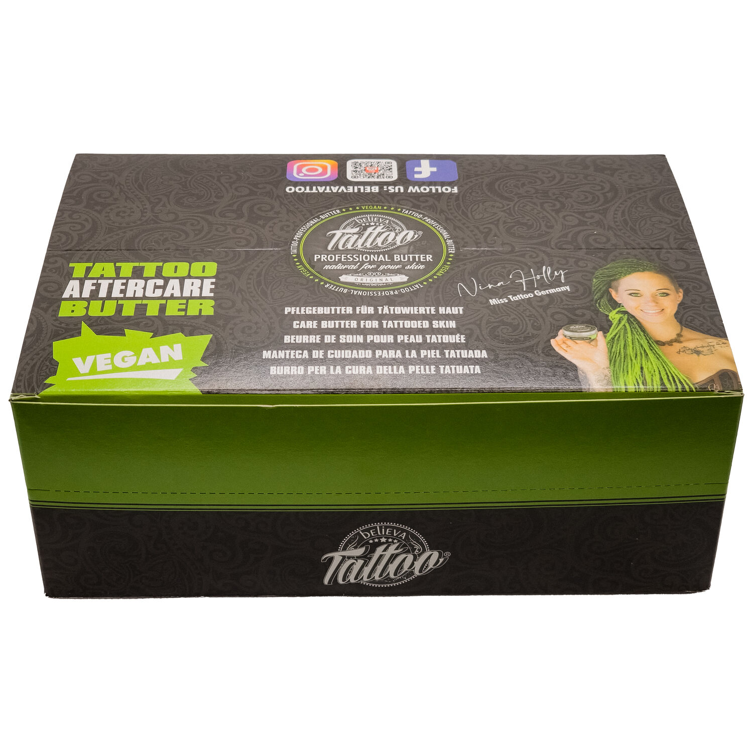 Believa Tattoo Butter dans un emballage vert Emballage vert de la Believa Tattoo Butter avec un label vegan sur fond blanc