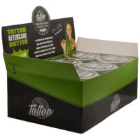 Believa Tattoo Butter Displaybox 35 ml Boîte de présentation verte et noire avec des pots de Believa Tattoo Butter, 35 ml