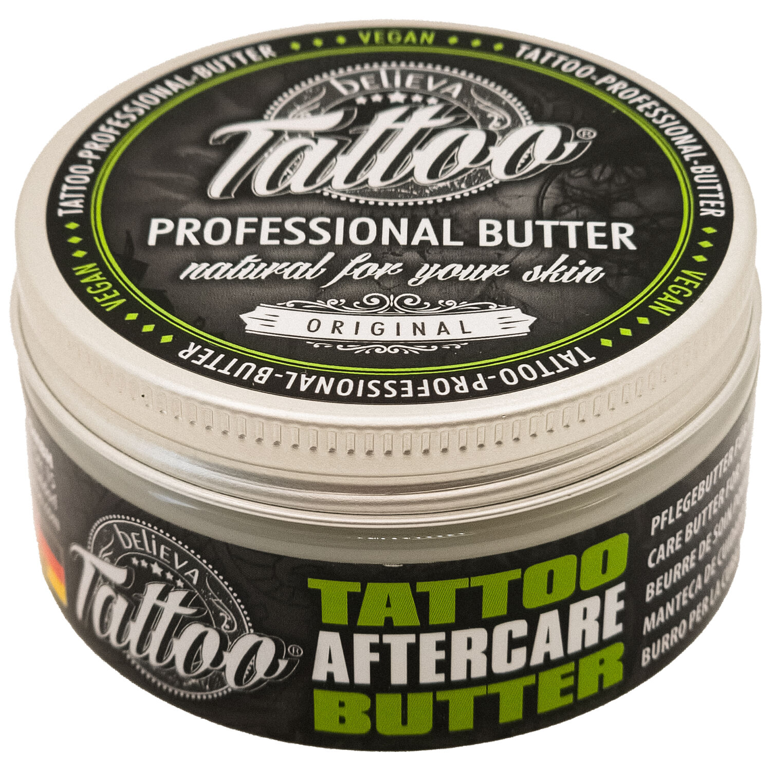 Believa Tattoo Butter, 35 ml boîte Boîte ronde Believa Tattoo Butter, design vert-noir, 35 ml