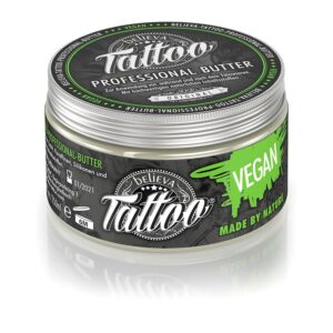 Believa Tattoo Butter en boîte ronde, formule vegan, design vert