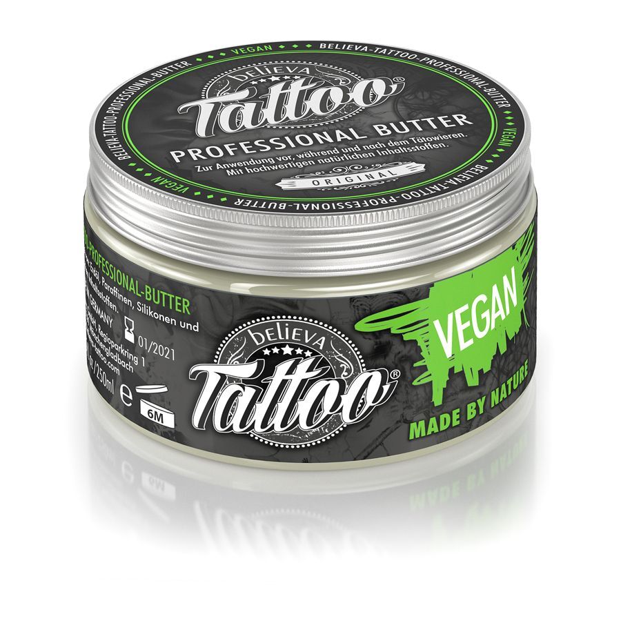 Believa Tattoo Butter – Soin Vegan Believa Tattoo Butter en boîte ronde, formule vegan, design vert