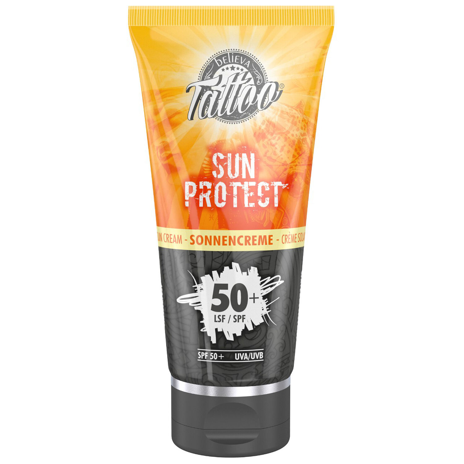 Believa Tattoo Sun Protect SPF 50+ 100 ml Tube de 100 ml Believa Tattoo Sun Protect avec SPF 50+ sur fond blanc