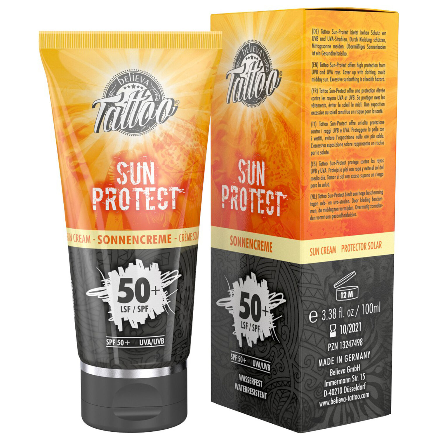Believa Tattoo Sun Protect 50+ Crème Solaire 100ml Tube et emballage de Believa Tattoo Sun Protect 50+ sur fond blanc