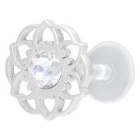 Labret Push-Fit argenté Mandala avec cristal Labret argenté en forme de fleur mandala avec cristal clair sur fond blanc