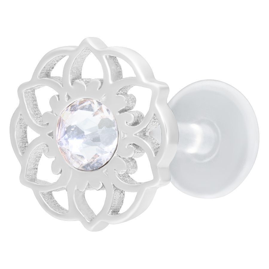Labret Push-Fit argenté Mandala avec cristal Labret argenté en forme de fleur mandala avec cristal clair sur fond blanc