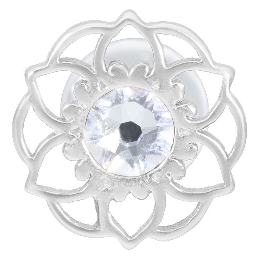 Labret Push-Fit Fleur Mandala Argenté Labret argenté avec design mandala et cristal clair sur fond blanc