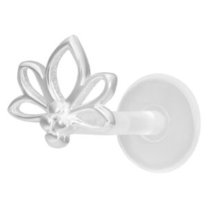 Piercing Labret Lotus argenté avec Push-Fit sur fond blanc
