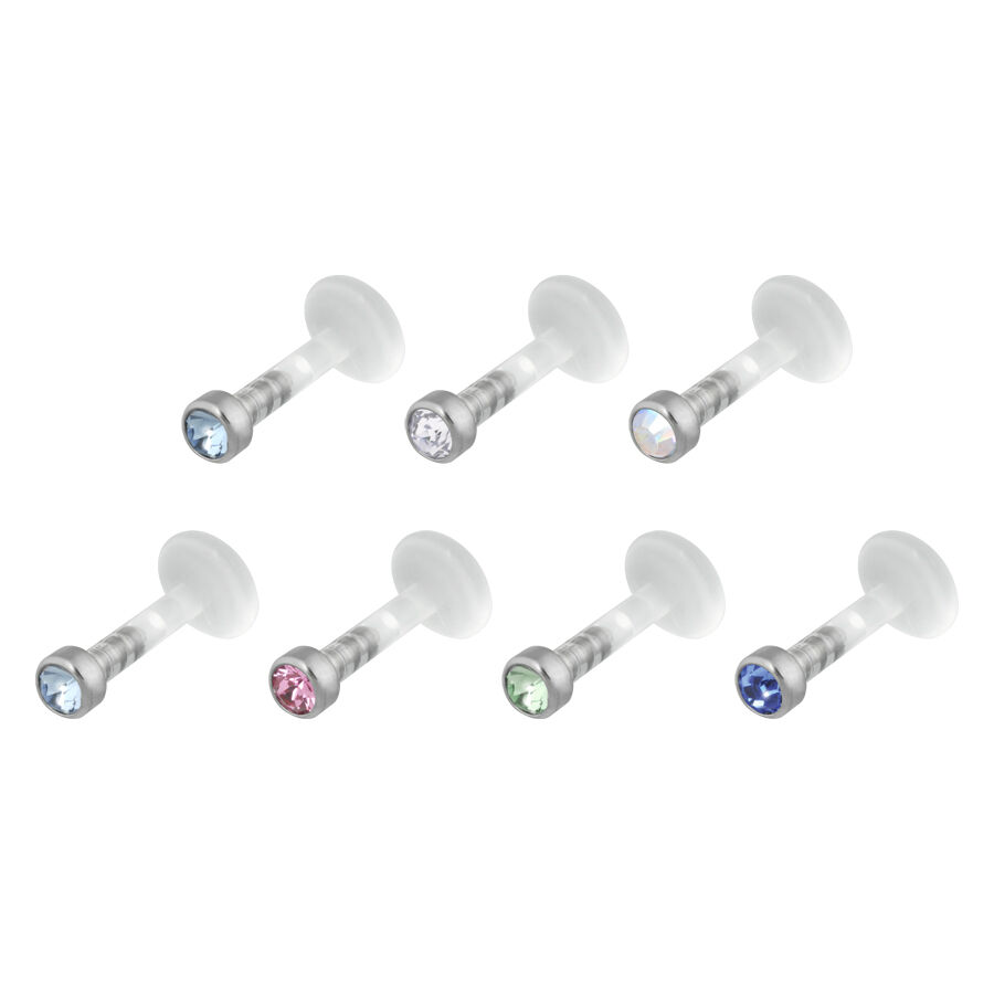 Labret push-fit avec cristaux Six labrets push-fit avec cristaux de différentes couleurs sur fond blanc