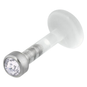 Labret en bioplast avec pierre cristalline et embout en titane sur fond blanc