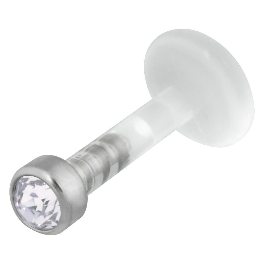 Labret avec pierre Push-Fit cristalline Labret en bioplast avec pierre cristalline et embout en titane sur fond blanc