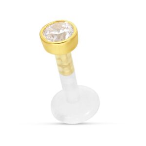 Labret avec monture dorée et cristal clair sur fond blanc