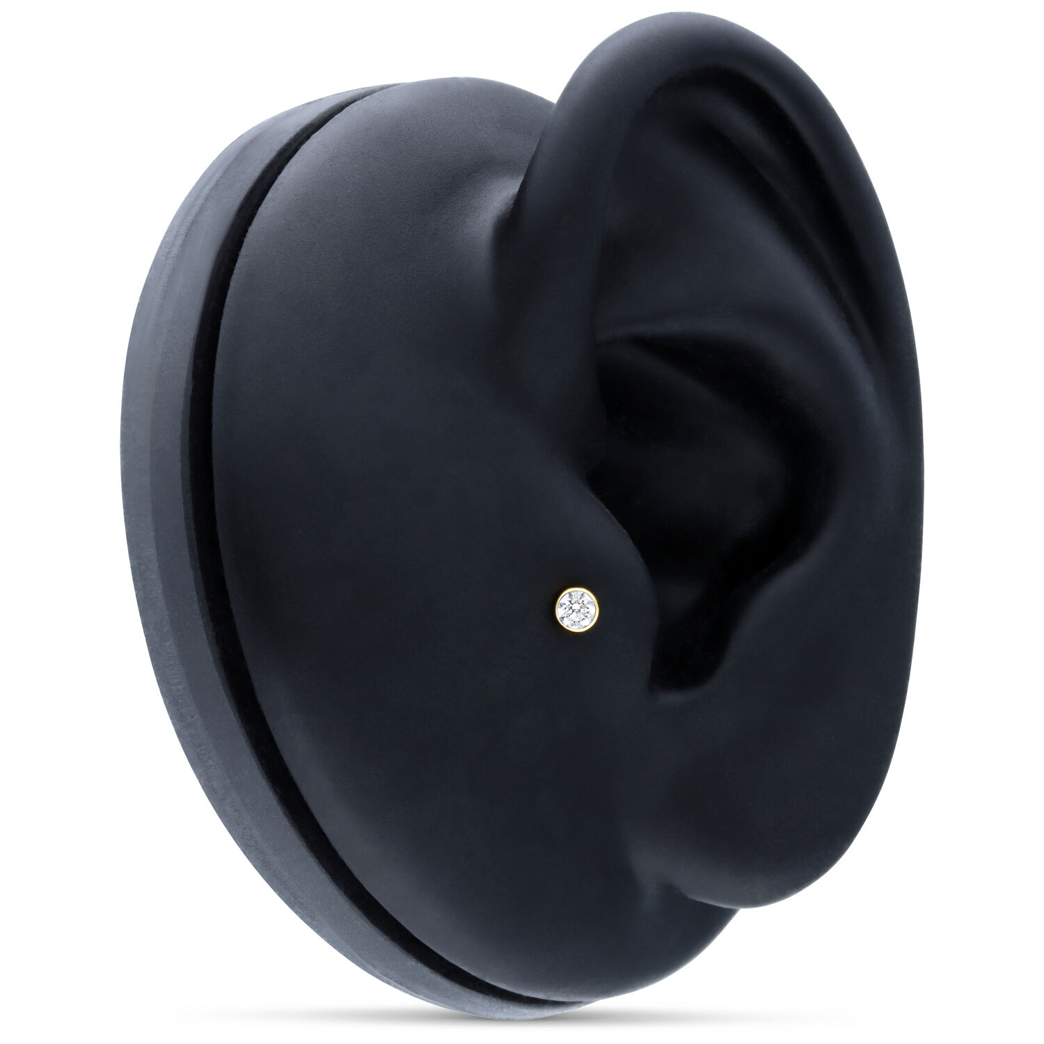 Labret Push-Fit en or 18k avec cristal à l'oreille Labret en or 18k avec cristal clair sur modèle d'oreille noire