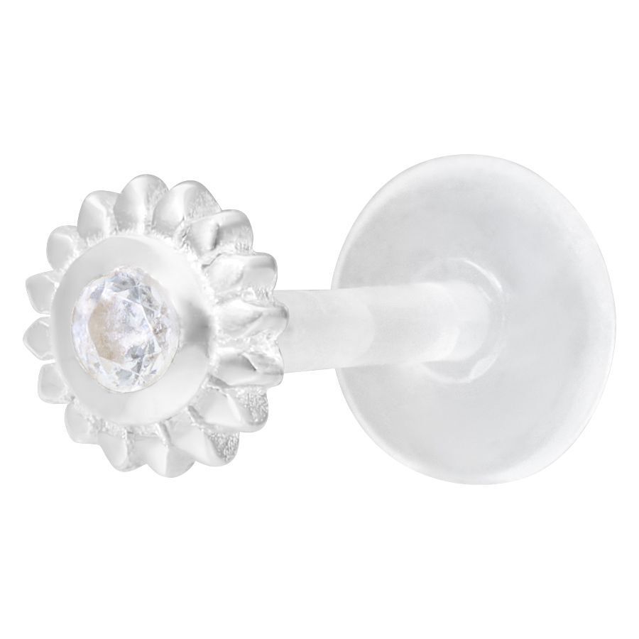 Labret piercing argenté avec pierre cristalline sur fond blanc