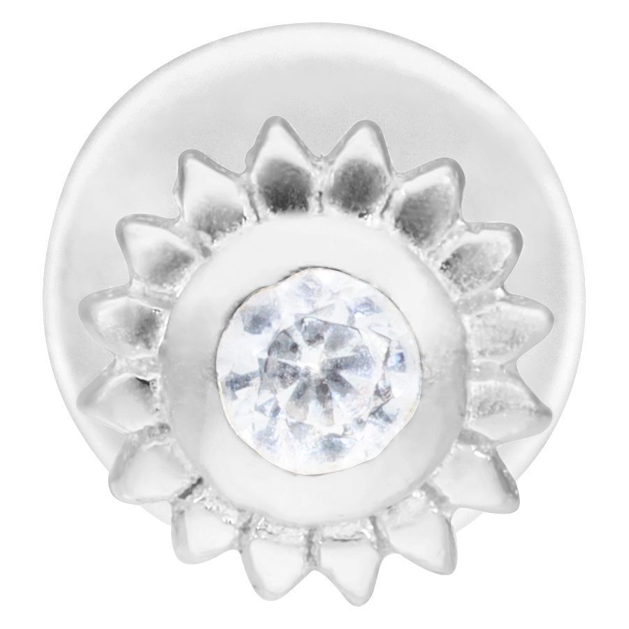 Labret argenté avec pierre claire en forme de fleur sur fond blanc