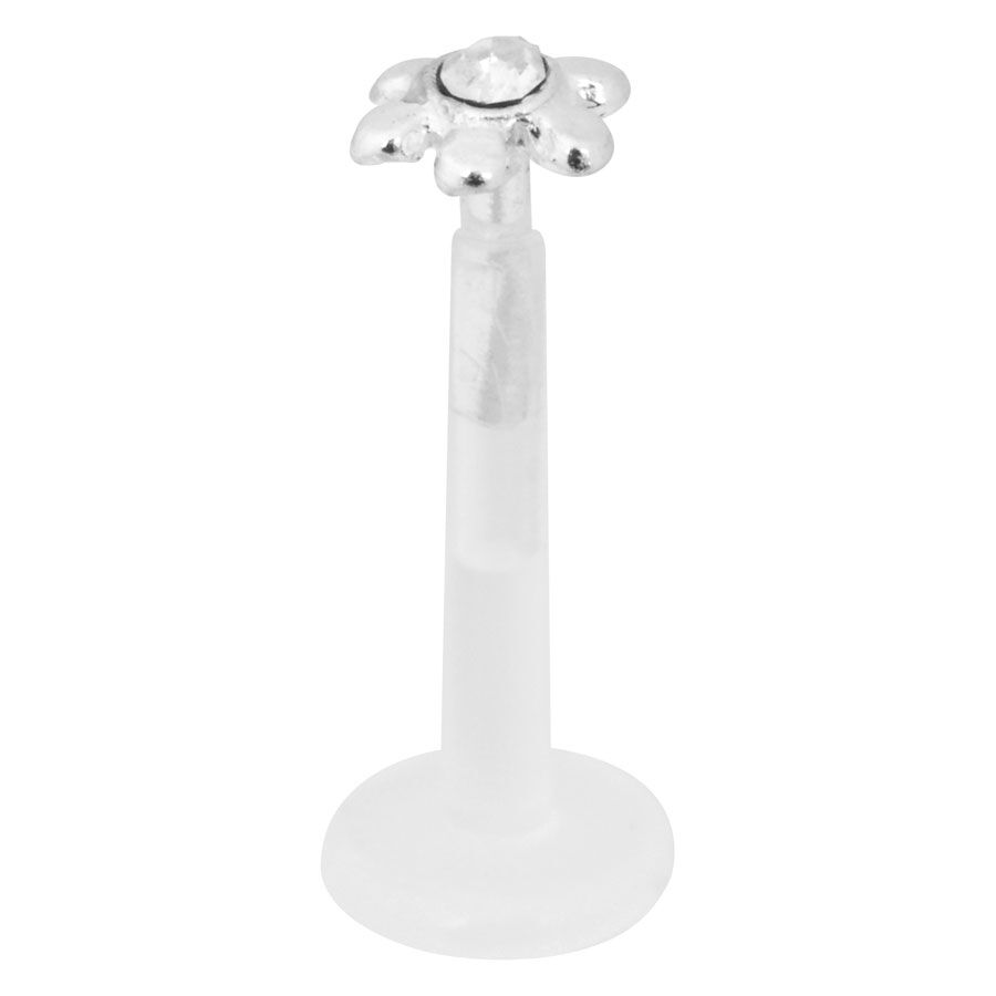Labret Fleur Argentée avec Cristal Labret fleur en argent avec cristal clair sur fond blanc