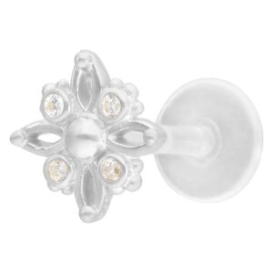 Labret argenté avec embout en forme d'étoile et cristaux sur fond blanc