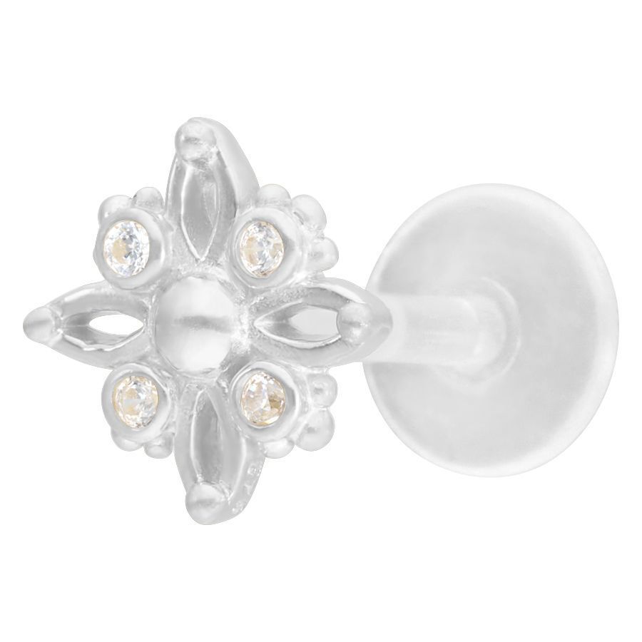 Labret Push-Fit Polar Star en argent Labret argenté avec embout en forme d'étoile et cristaux sur fond blanc