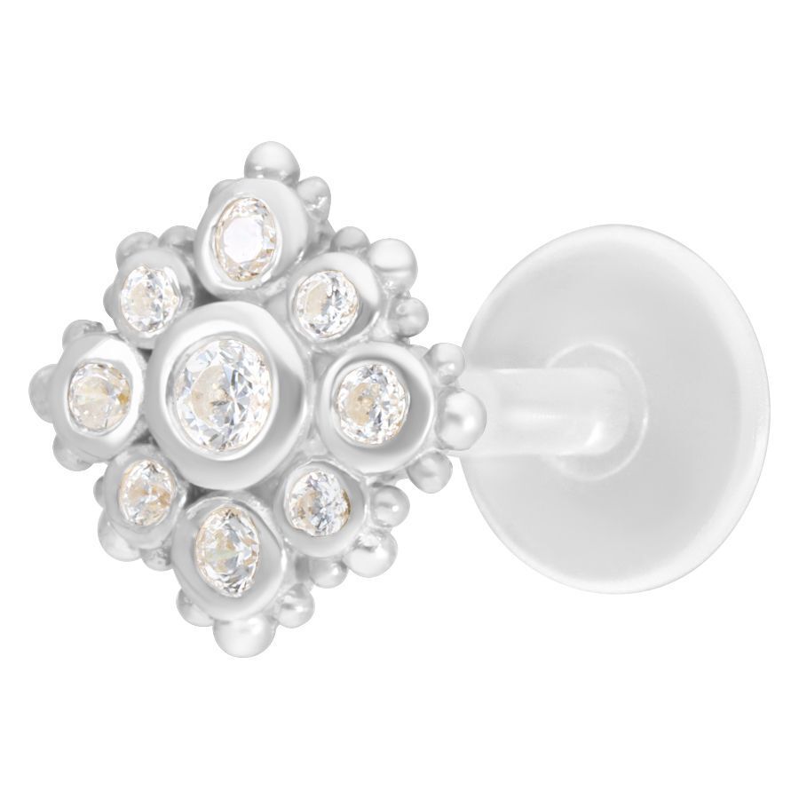 Florescence Push-Fit Labret Argent Labret Push-Fit argenté avec pierres cristallines sur fond blanc
