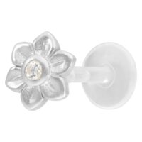 Labret Push-Fit Fleur en Argent avec Cristal Labret fleur en argent avec cristal clair sur fond blanc