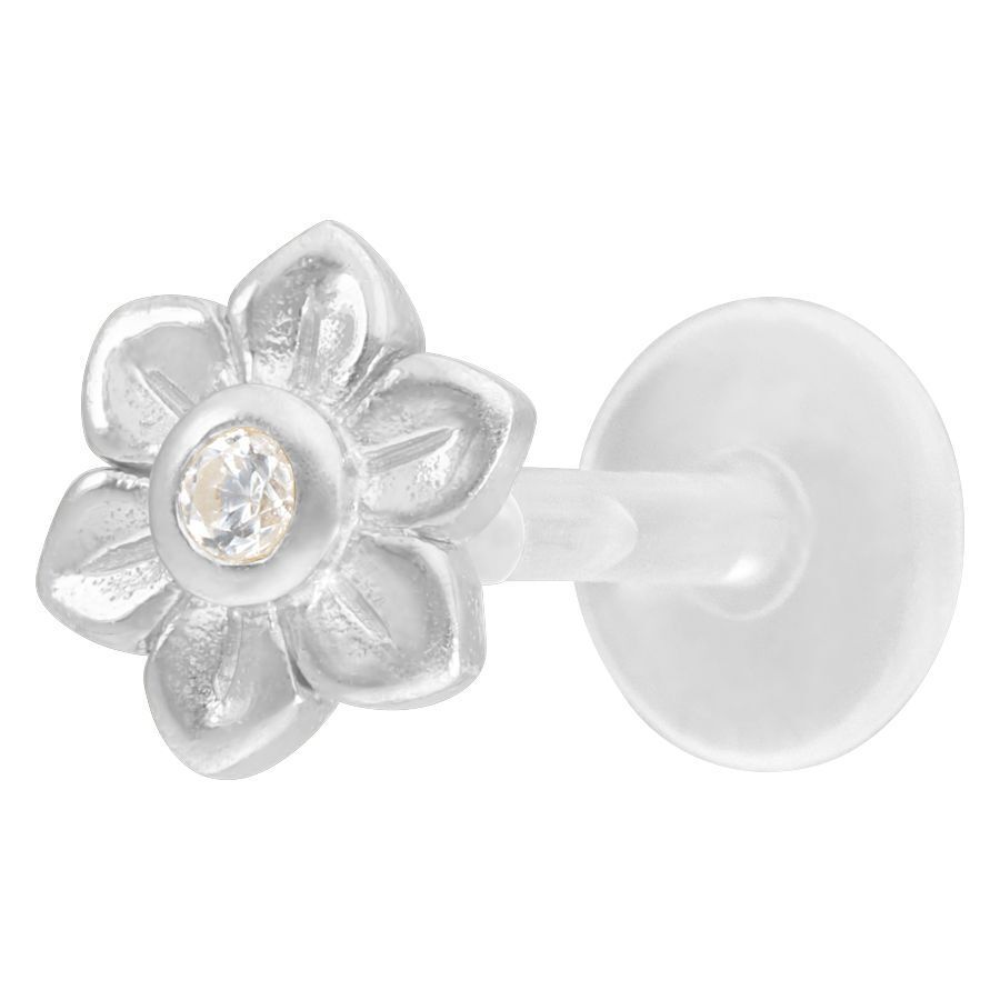 Labret Push-Fit Fleur en Argent avec Cristal Labret fleur en argent avec cristal clair sur fond blanc