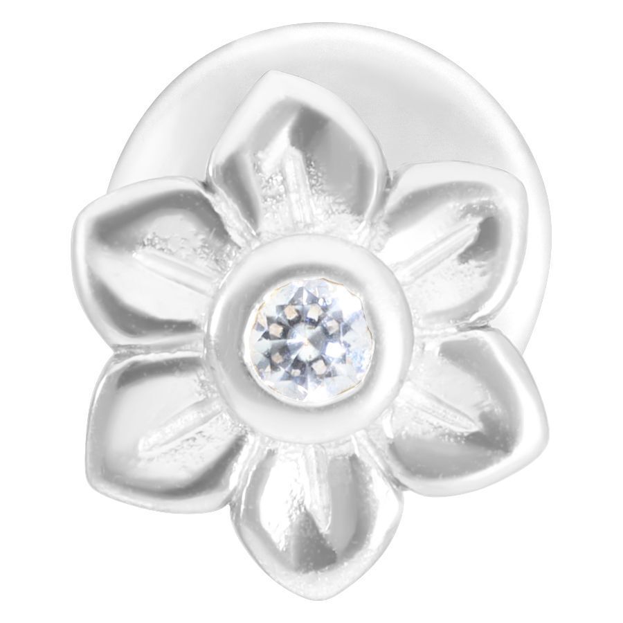 Labret Push-Fit Fleur en Argent Piercing fleur en argent avec cristal clair sur fond blanc