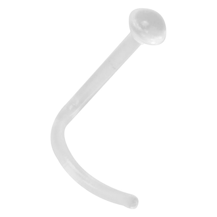 Clou de nez en bioplastique transparent 1,0 mm Clou de nez transparent en bioplastique avec boule de 2,5 mm sur fond blanc