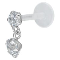 Labret en argent avec cristal suspendu Labret Push-Fit argenté avec pendentif cristal clair sur fond blanc