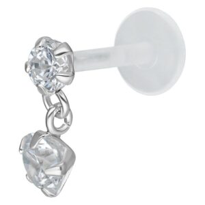 Labret Push-Fit argenté avec pendentif cristal clair sur fond blanc
