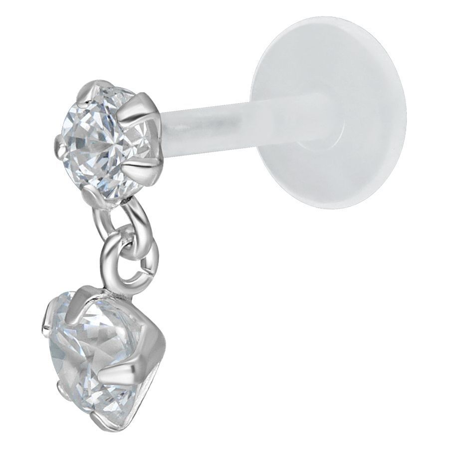 Labret en argent avec cristal suspendu Labret Push-Fit argenté avec pendentif cristal clair sur fond blanc