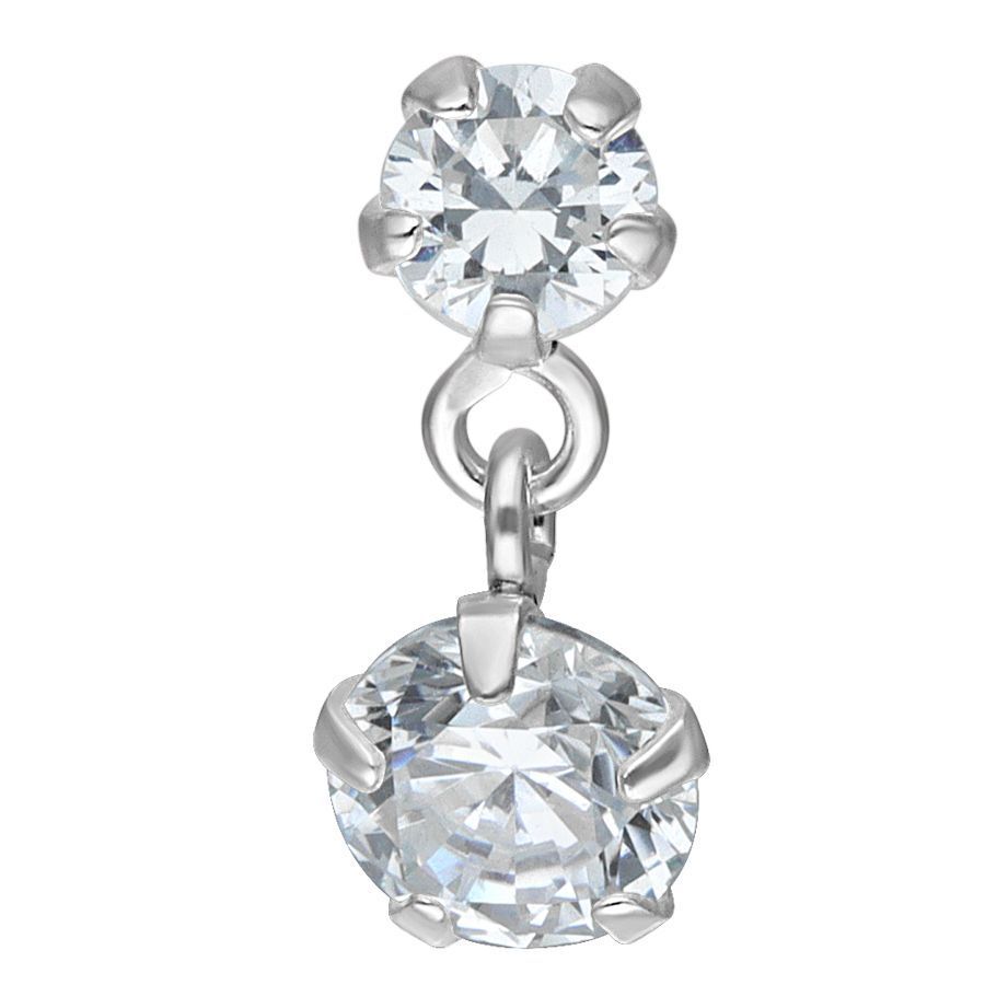 Labret en argent avec cristal suspendu Labret en argent avec deux cristaux clairs sur fond blanc