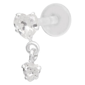 Labret piercing en cristal en forme de cœur avec Push Fit sur fond blanc