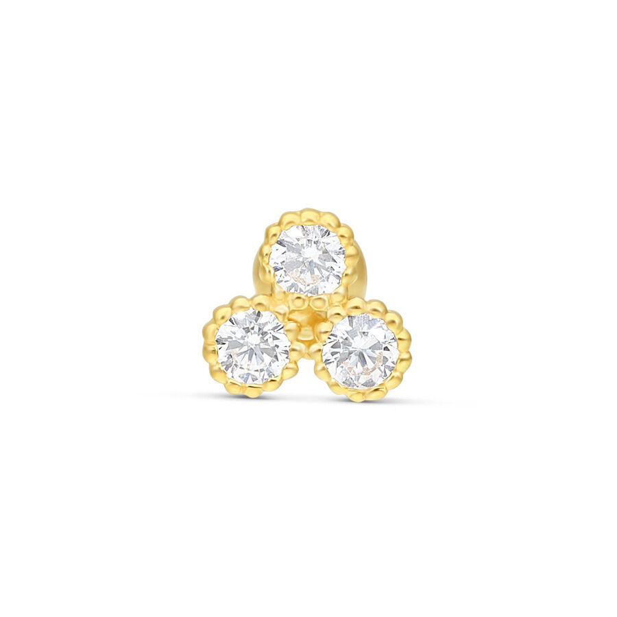 Barbell d'oreille en or avec trois cristaux clairs sur fond blanc