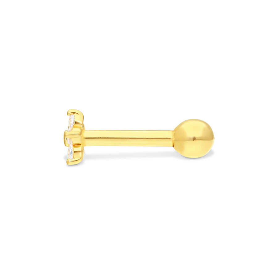 Barbell d'oreille en or avec trois cristaux clairs sur fond blanc