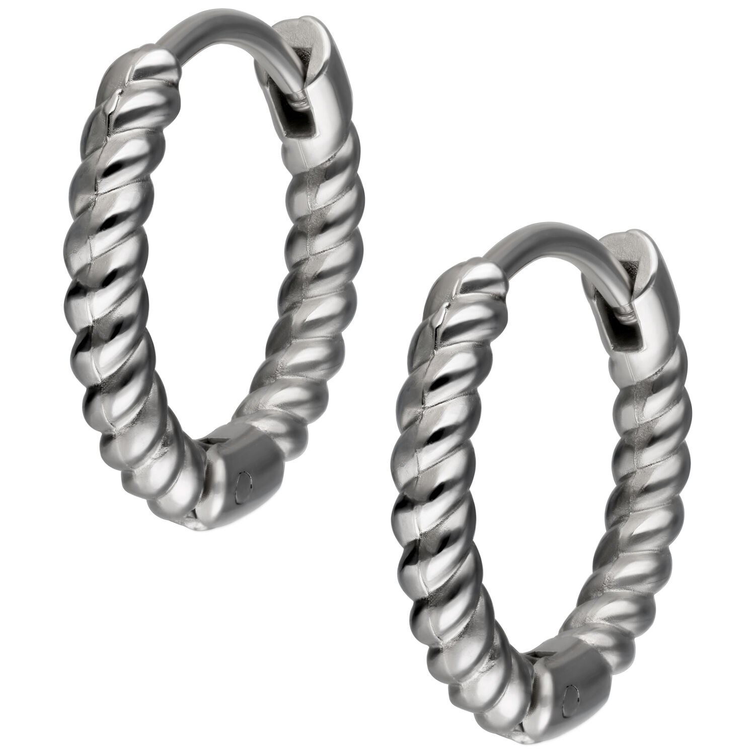 Twisted Little Hoops Paar 10 mm Edelstahl Deux créoles torsadées en argent en acier inoxydable sur fond blanc