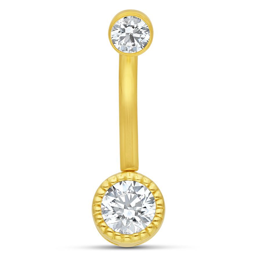 Microbananabell en or 18K avec cristal Bananabell doré avec deux cristaux clairs sur fond blanc