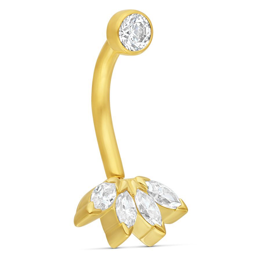 Bananabell en or 18K avec fleurs en cristal Bananabell doré avec cristaux clairs sur fond blanc