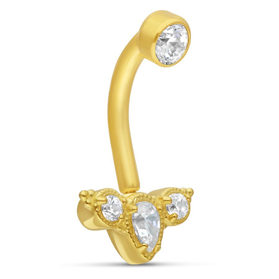 Microbananabell Tiara en or 18K avec cristaux Piercing bananabell en or avec cristaux clairs sur fond blanc