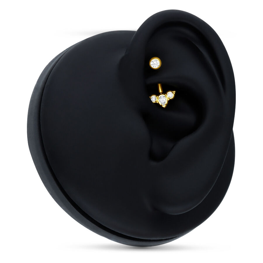 Microbananabell en or 18K Tiara avec cristal Microbananabell doré avec cristaux clairs sur présentoir d'oreille noir