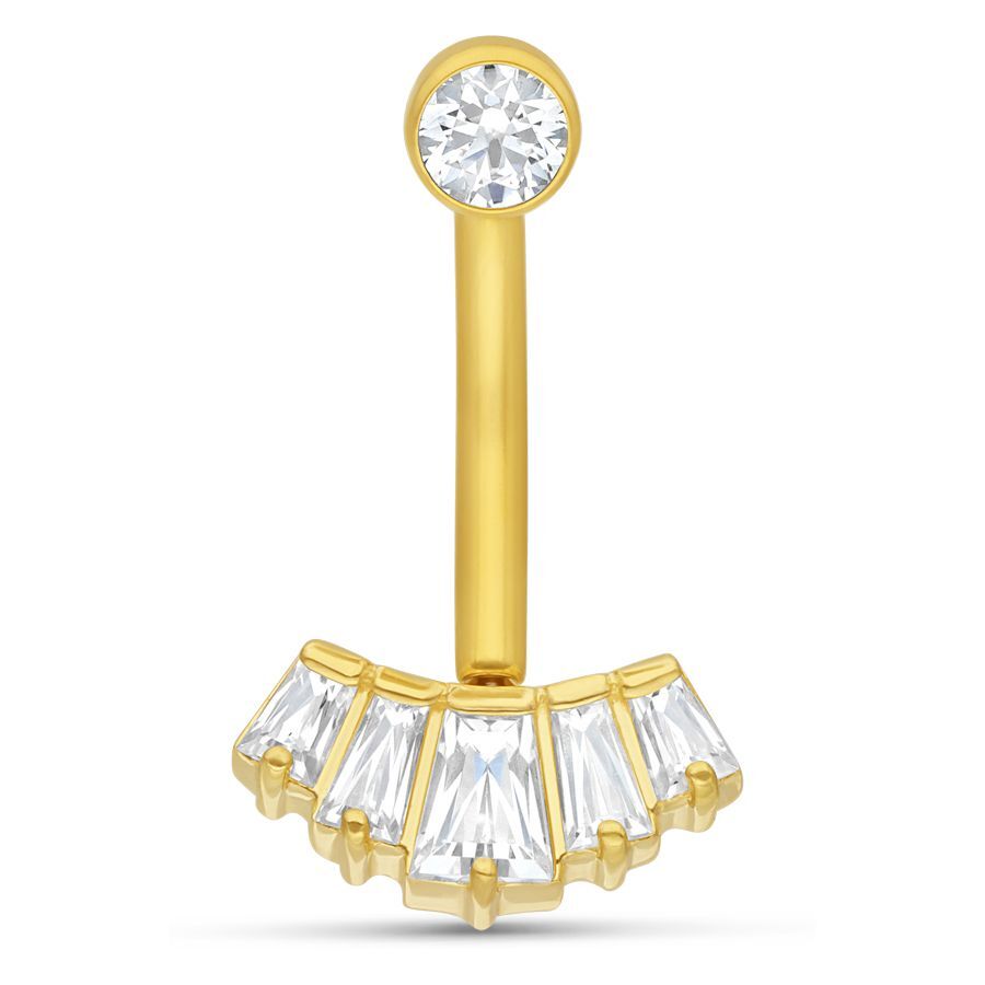 Microbanane en or 18K avec cristaux Microbanane dorée avec cristaux baguette clairs sur fond blanc