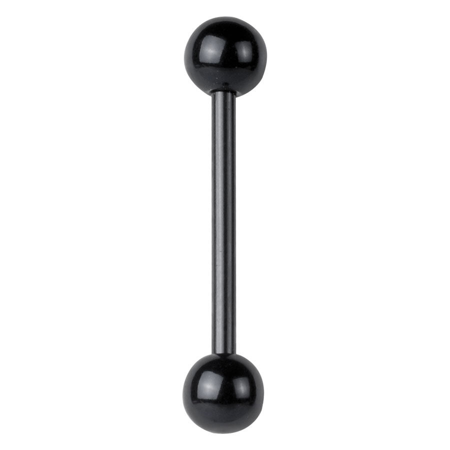 Barbell Piercing noir en Bioplast Barbell Piercing noir avec deux boules sur fond blanc