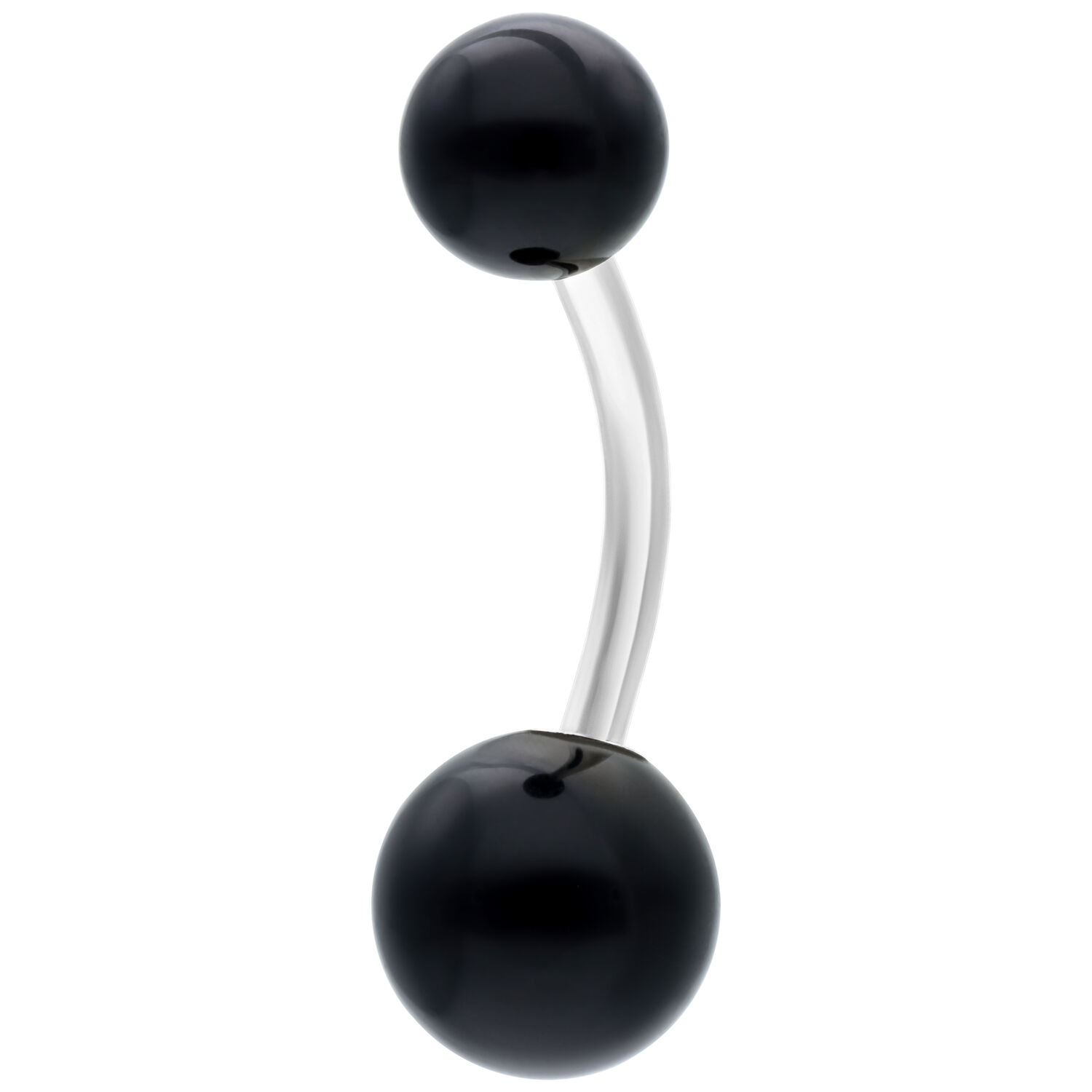 Banane en titane argenté avec deux boules noires sur fond blanc