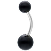 Banane de nombril noire en titane avec deux boules sur fond blanc