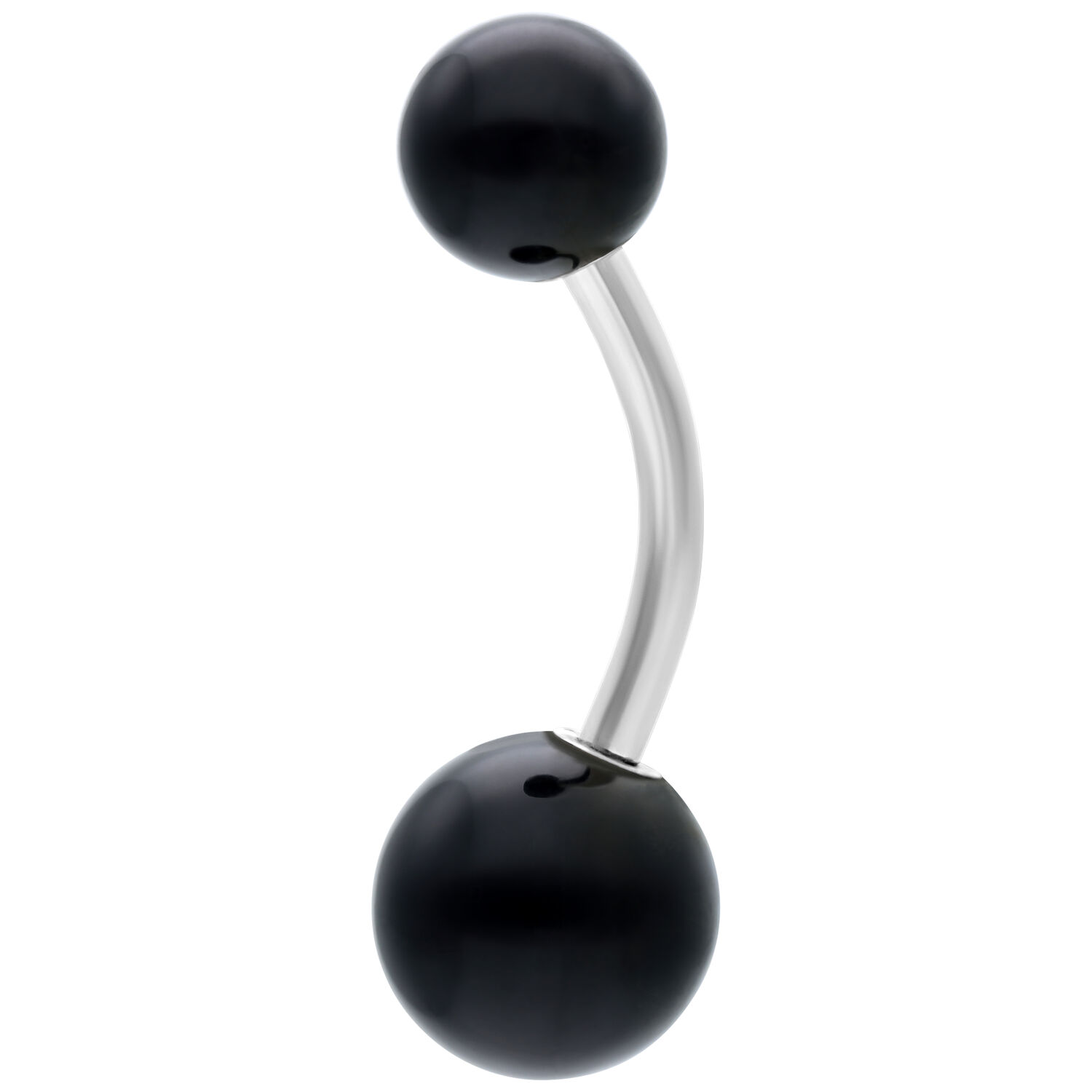 Banane de nombril noire en titane avec deux boules sur fond blanc