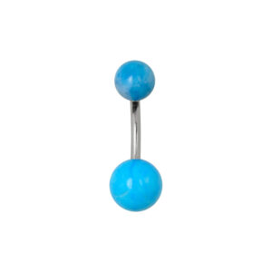 Piercing nombril en titane avec deux boules bleues sur fond blanc