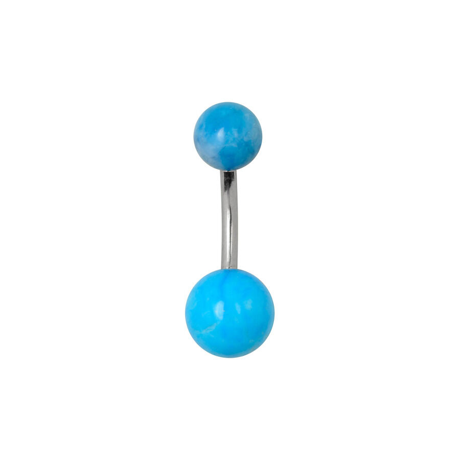 Soul Bananabell en titane avec boules bleues Piercing nombril en titane avec deux boules bleues sur fond blanc