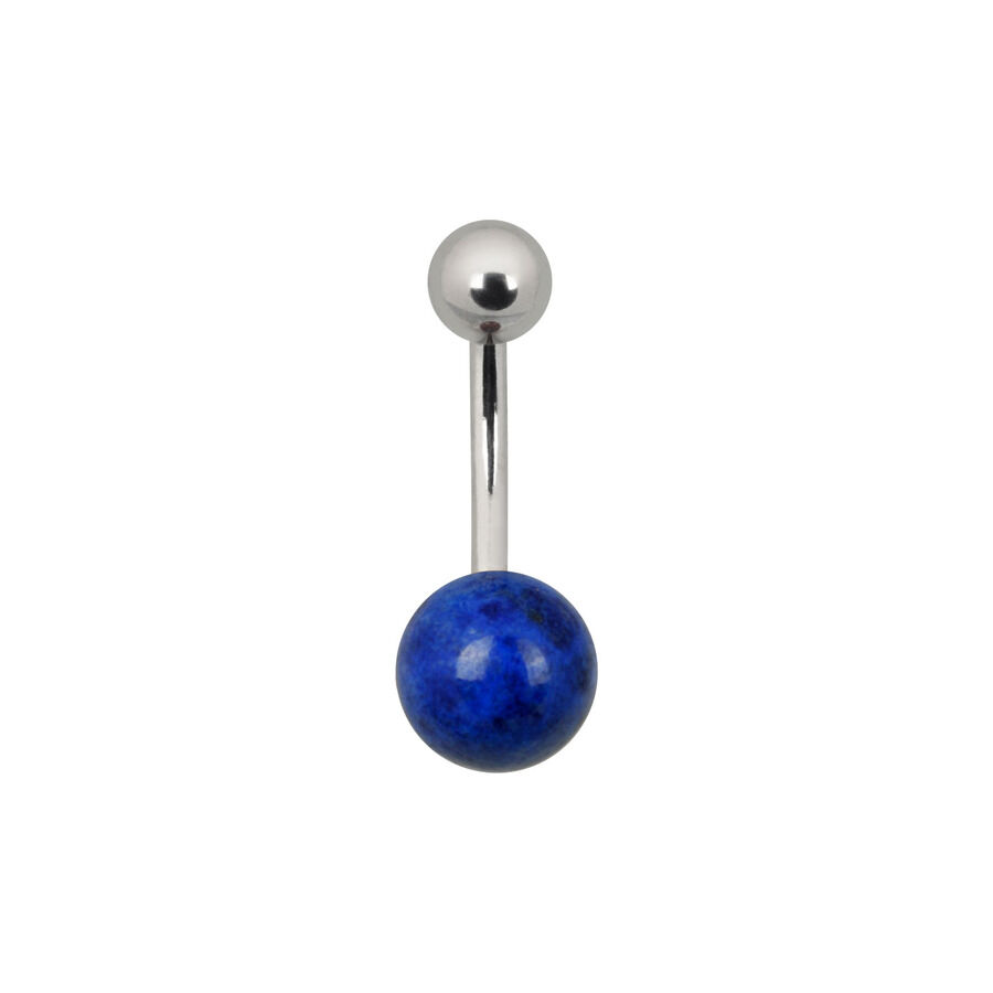 Embout de piercing en pierre semi-précieuse bleue Embout de piercing avec pierre semi-précieuse bleue et tige argentée sur fond blanc