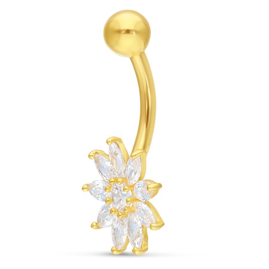 Bananabell en or 18k avec fleur de cristal Piercing nombril en or 18k avec fleur de cristal sur fond blanc